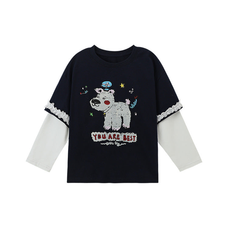 Pudding Haru Girls’ Cartoon Fake Two-Piece Long-Sleeve Tee – Kids Fashion Nepal | Tudoholic