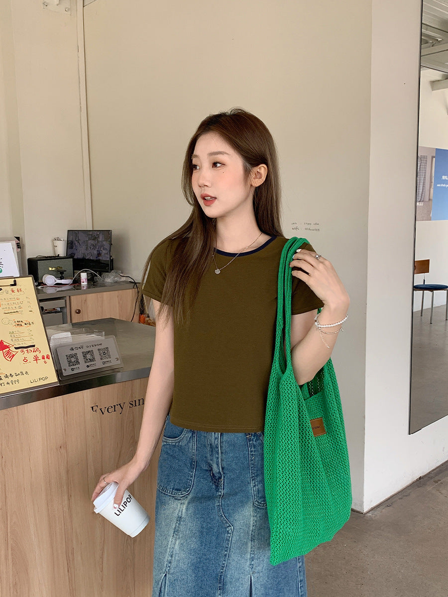 Women’s Green Slim Fit Round Neck Crop T-Shirt