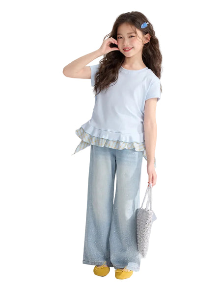 Pudding Haru Kids’ Summer Fake Two-Piece Plaid Tee – Summer Kids Fashion Nepal | Tudoholic
