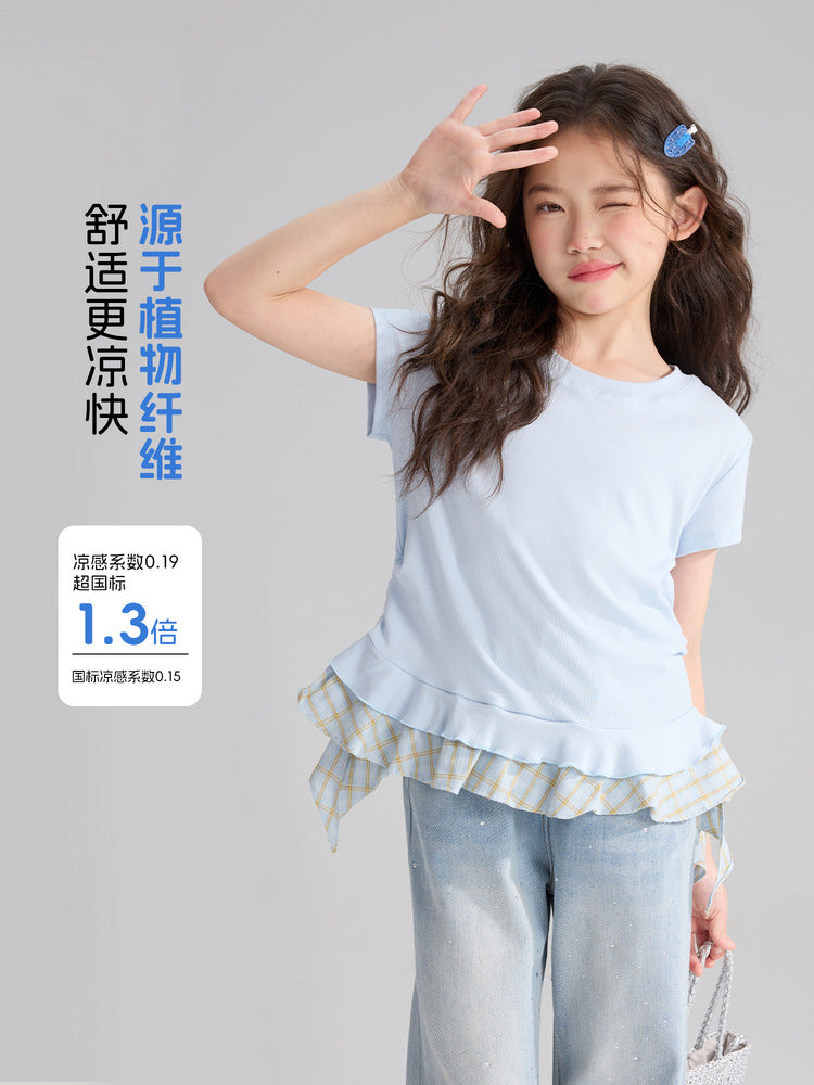 Pudding Haru Kids’ Summer Fake Two-Piece Plaid Tee – Summer Kids Fashion Nepal | Tudoholic