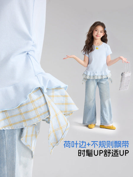 Pudding Haru Kids’ Summer Fake Two-Piece Plaid Tee – Summer Kids Fashion Nepal | Tudoholic