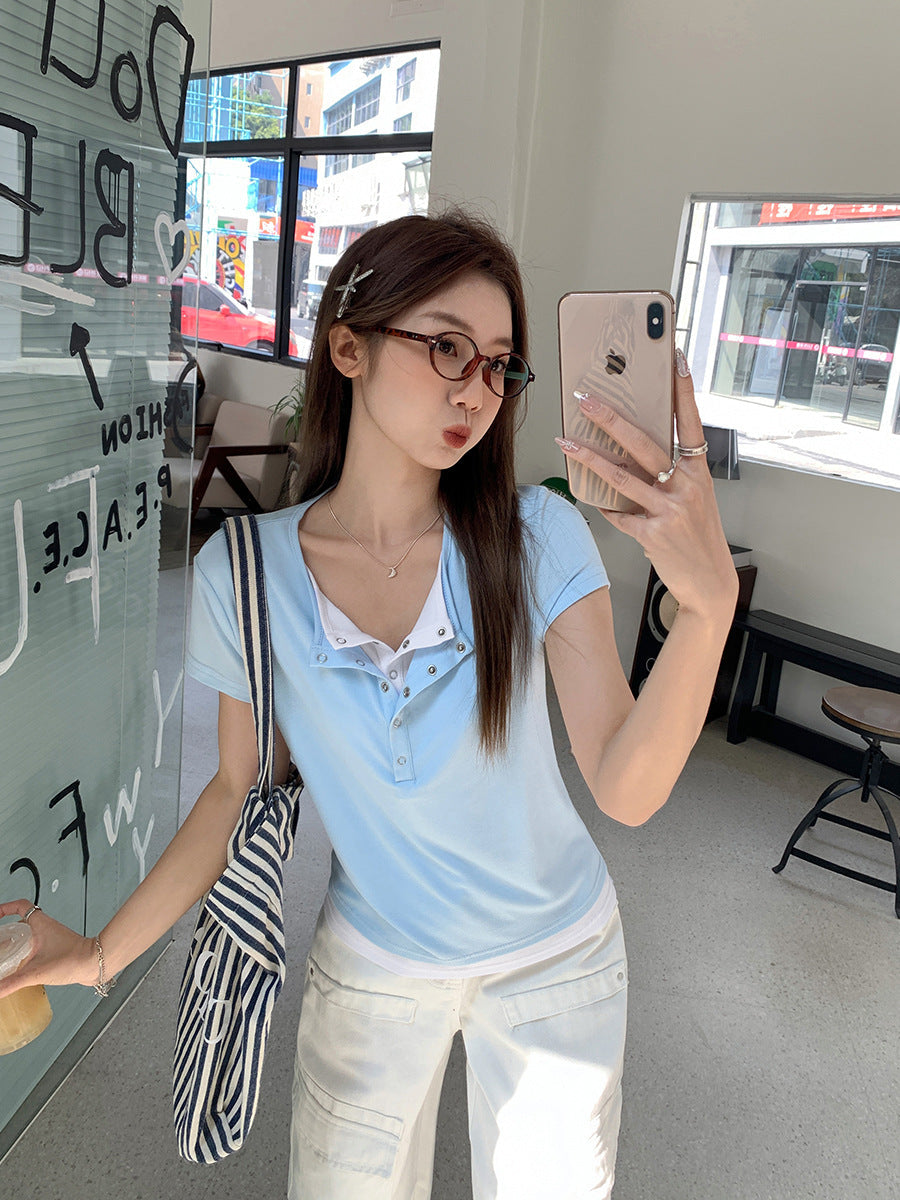 Women’s Chic Patchwork Slim Fit Short Sleeve T-Shirt