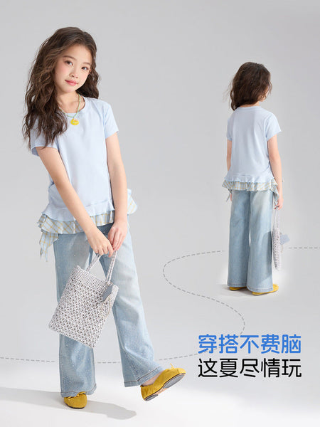 Pudding Haru Kids’ Summer Fake Two-Piece Plaid Tee – Summer Kids Fashion Nepal | Tudoholic