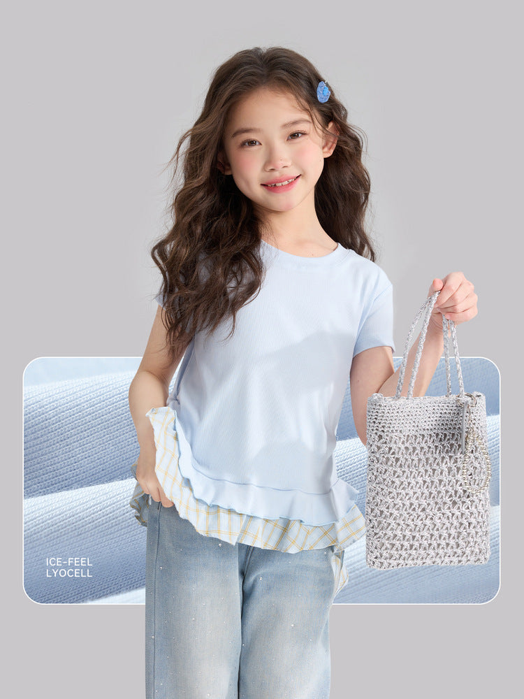 Pudding Haru Kids’ Summer Fake Two-Piece Plaid Tee – Summer Kids Fashion Nepal | Tudoholic