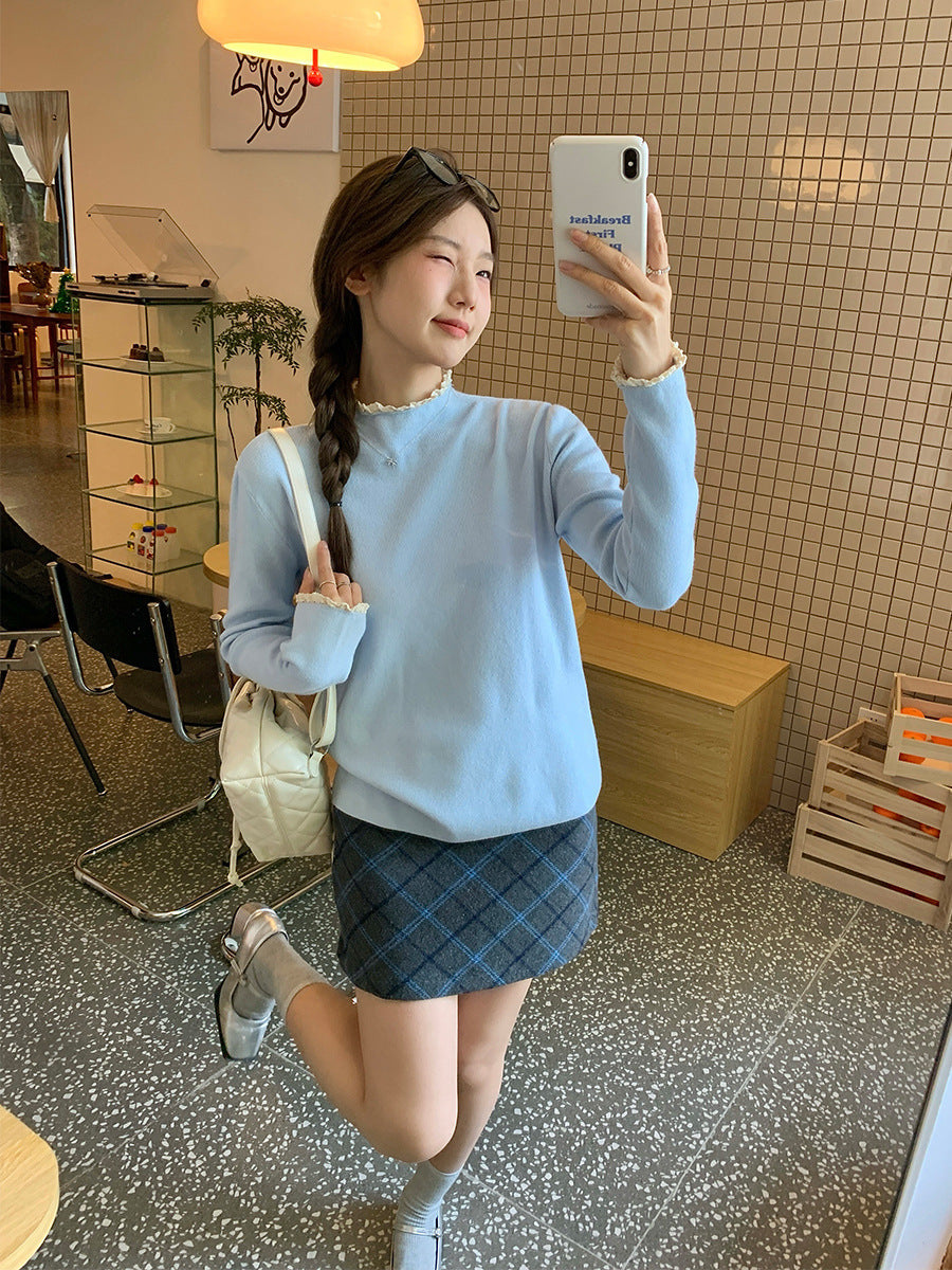 Women’s Blue Lace Half Neck Knitted Base Top