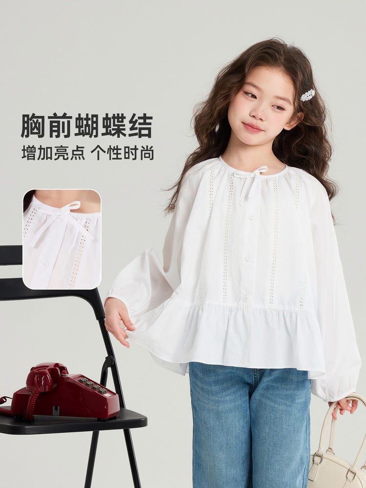 Pudding Haru Girls’ Solid White Bow Round-Neck Shirt – Kids Fashion Nepal | Tudoholic