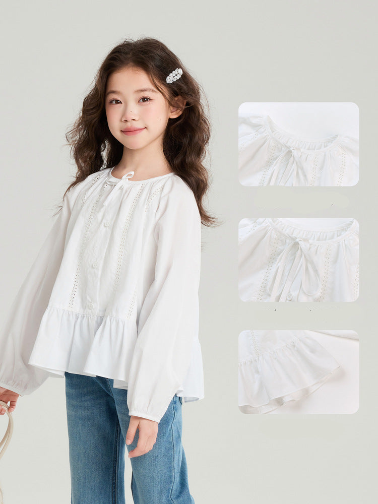 Pudding Haru Girls’ Solid White Bow Round-Neck Shirt – Kids Fashion Nepal | Tudoholic
