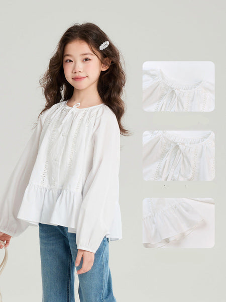 Pudding Haru Girls’ Solid White Bow Round-Neck Shirt – Kids Fashion Nepal | Tudoholic