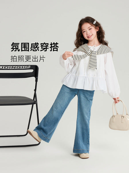 Pudding Haru Girls’ Solid White Bow Round-Neck Shirt – Kids Fashion Nepal | Tudoholic