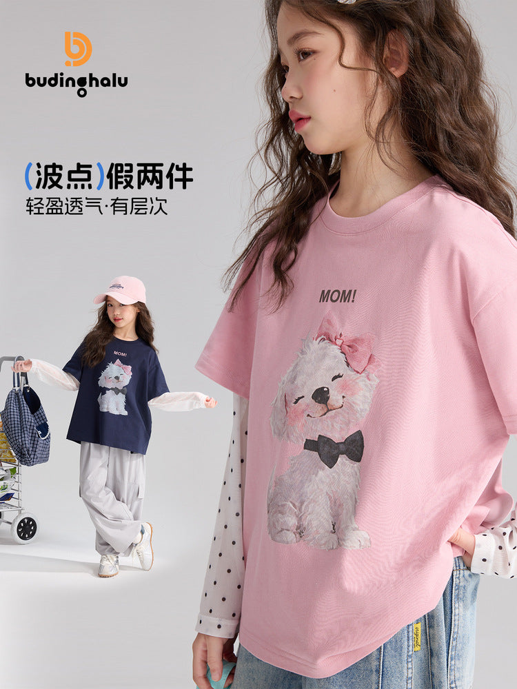 Pudding Haru Girls’ Summer Polka Dot Fake Two-Piece Tee – Summer Kids Fashion Nepal | Tudoholic