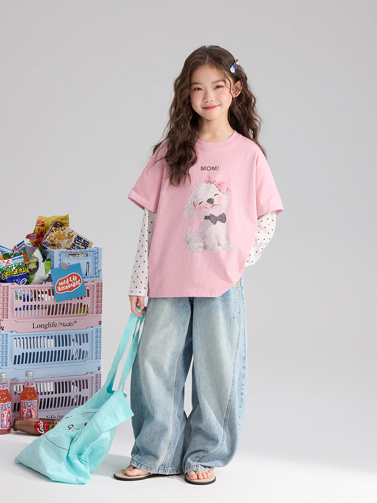 Pudding Haru Girls’ Summer Polka Dot Fake Two-Piece Tee – Summer Kids Fashion Nepal | Tudoholic