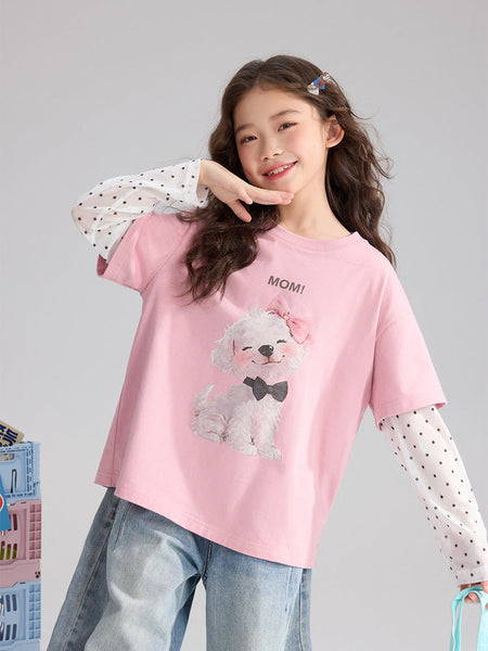 Pudding Haru Girls’ Summer Polka Dot Fake Two-Piece Tee – Summer Kids Fashion Nepal | Tudoholic