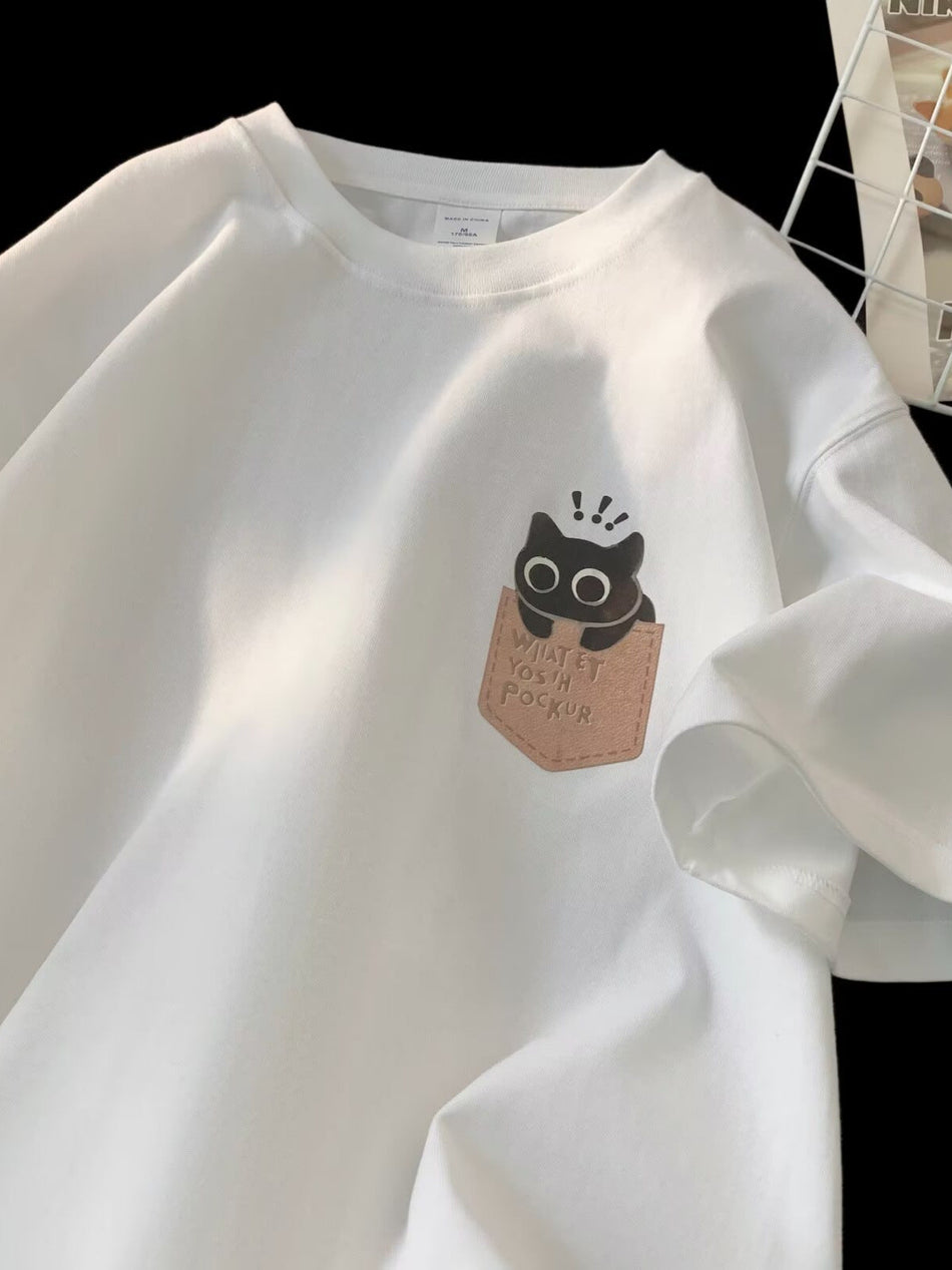 Men’s 220G Cotton Kitten Print T-Shirt – Trendy Casual