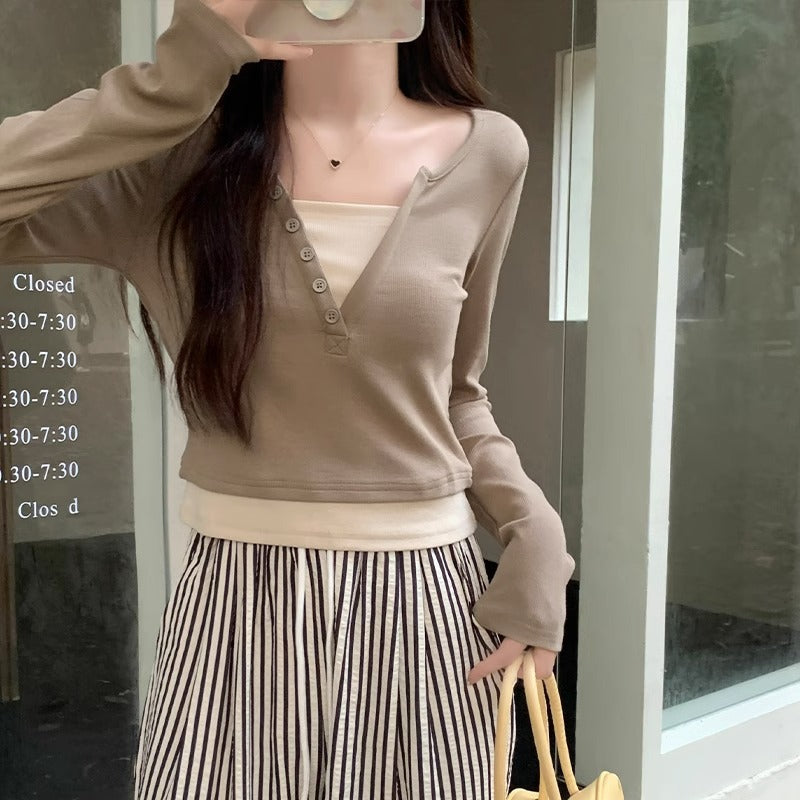 Women’s V Neck Contrast Stitch Slim Fit Long Sleeve Top