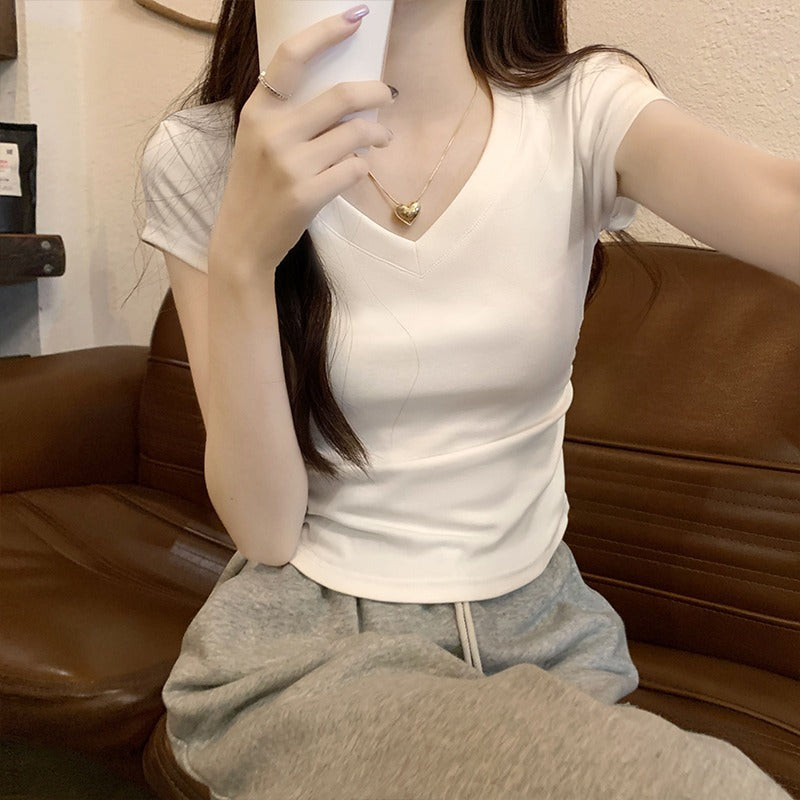 Women’s Ice Silk Ruched V Neck Slim Fit T-Shirt