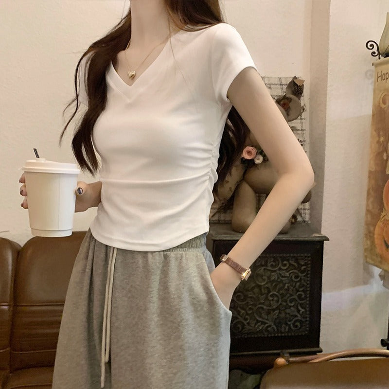 Women’s Ice Silk Ruched V Neck Slim Fit T-Shirt
