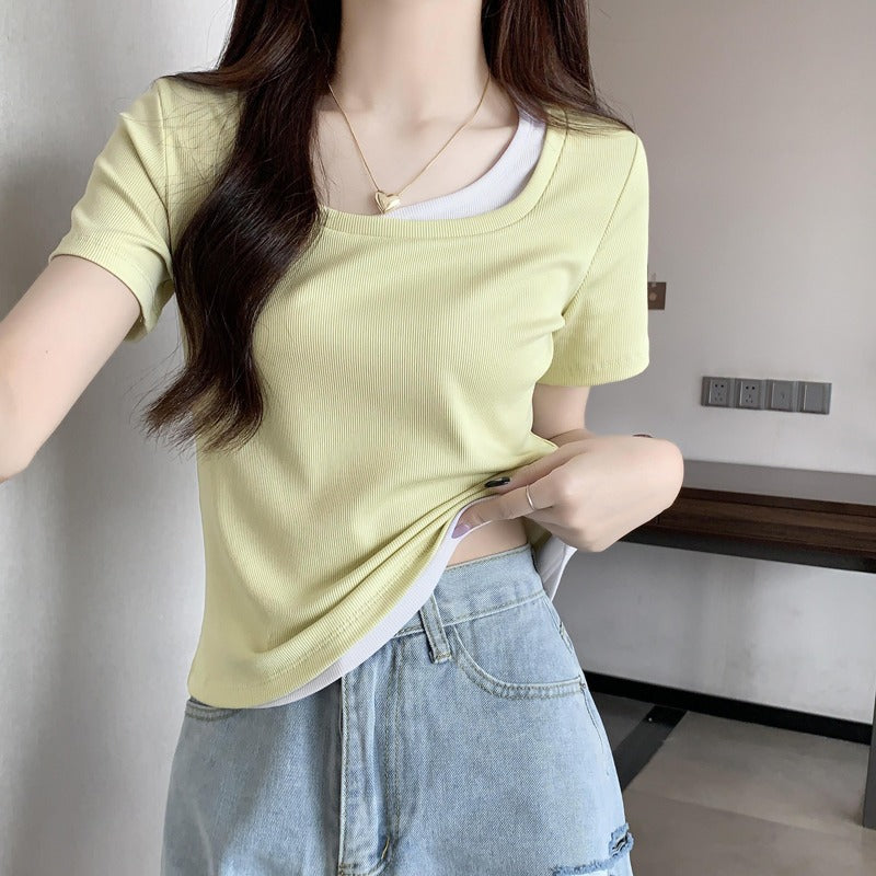 Women’s Square Collar Fake Two-Piece Slim Fit T-Shirt