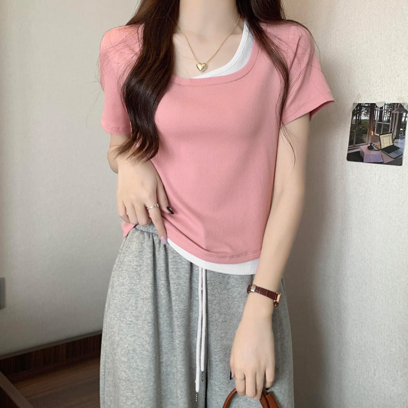 Women’s Square Collar Fake Two-Piece Slim Fit T-Shirt