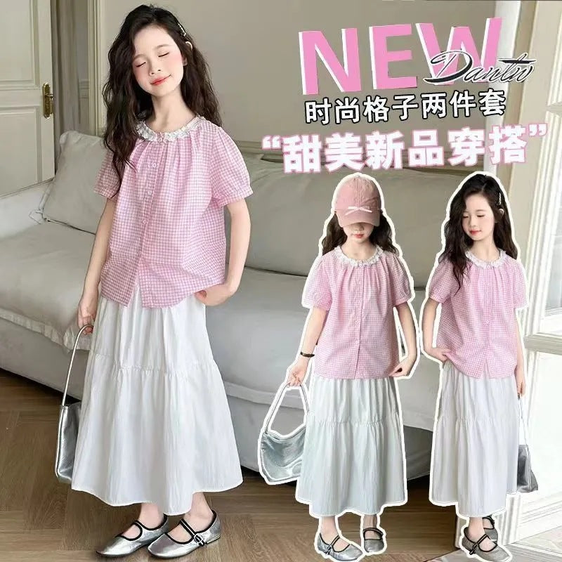 Girls’ Summer 2025 Plaid Two-Piece Korean-Style Set – Summer Kids Fashion Nepal | Tudoholic