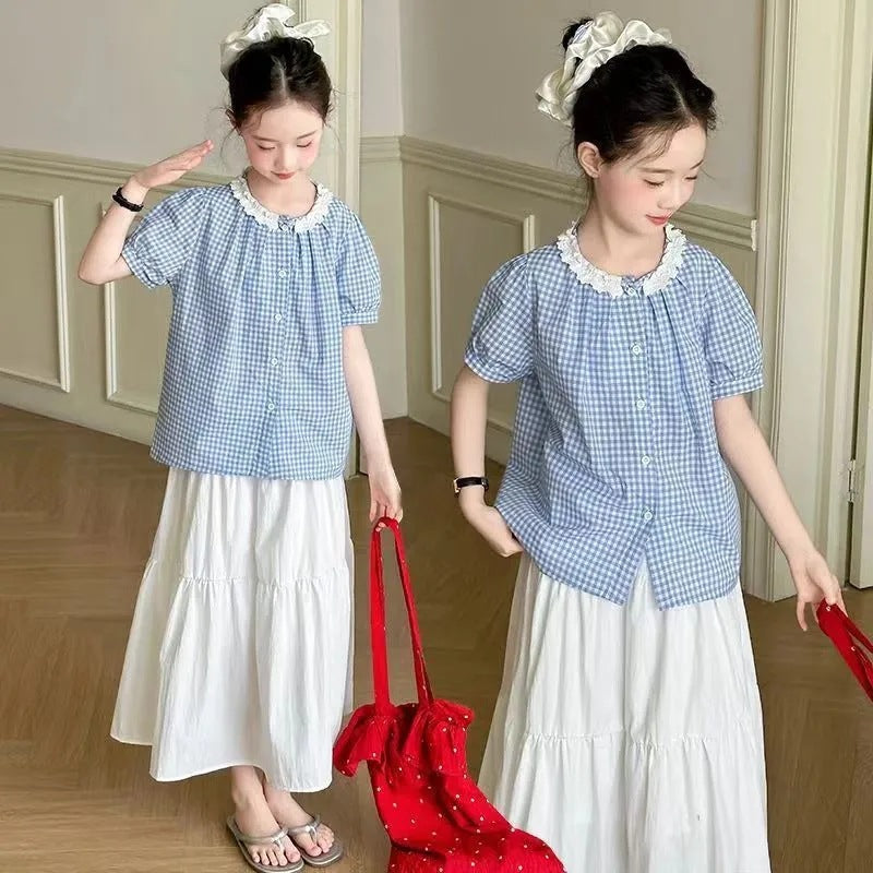 Girls’ Summer 2025 Plaid Two-Piece Korean-Style Set – Summer Kids Fashion Nepal | Tudoholic