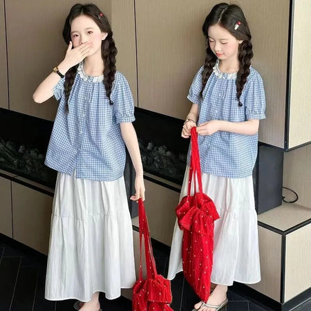 Girls’ Summer 2025 Plaid Two-Piece Korean-Style Set – Summer Kids Fashion Nepal | Tudoholic