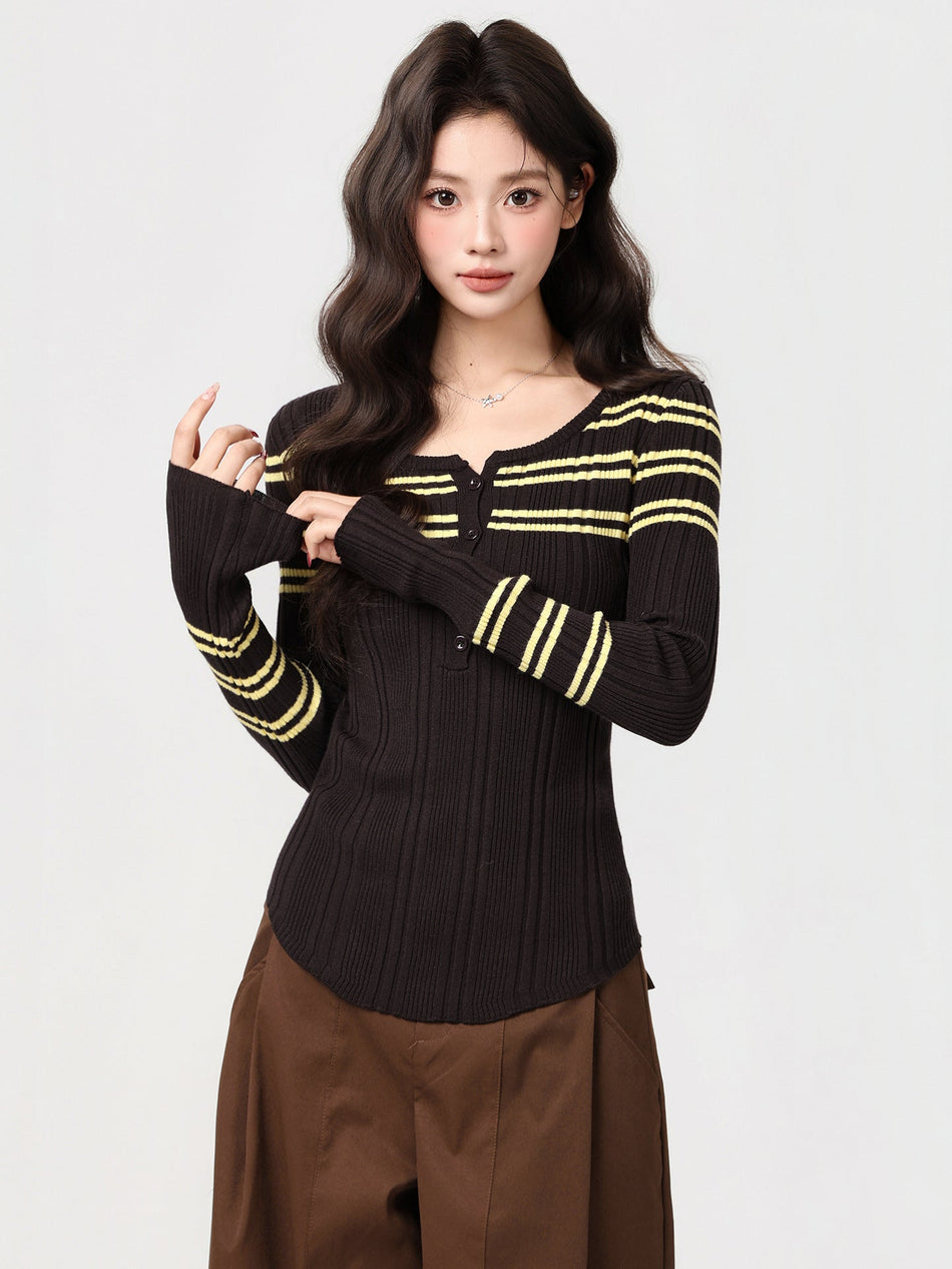 Women’s Coffee Striped Knit Slim Fit Winter Sweater