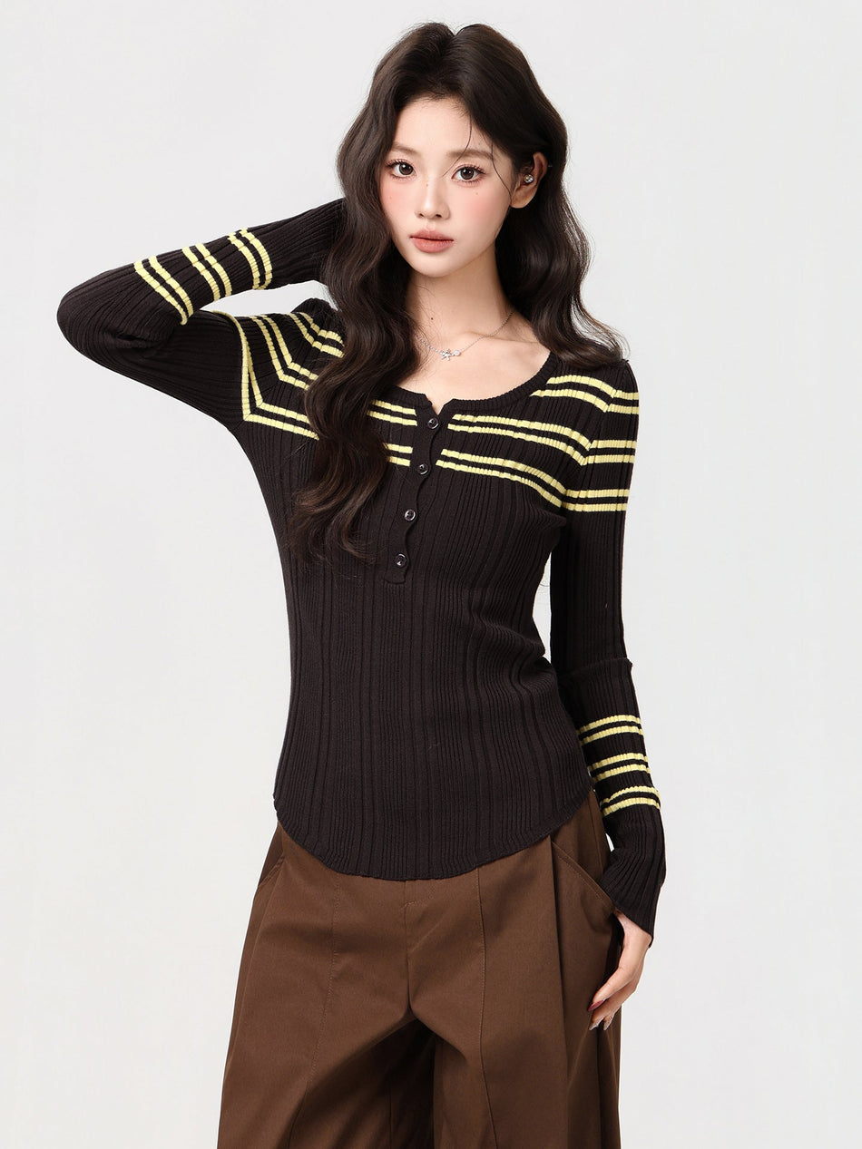 Women’s Coffee Striped Knit Slim Fit Winter Sweater
