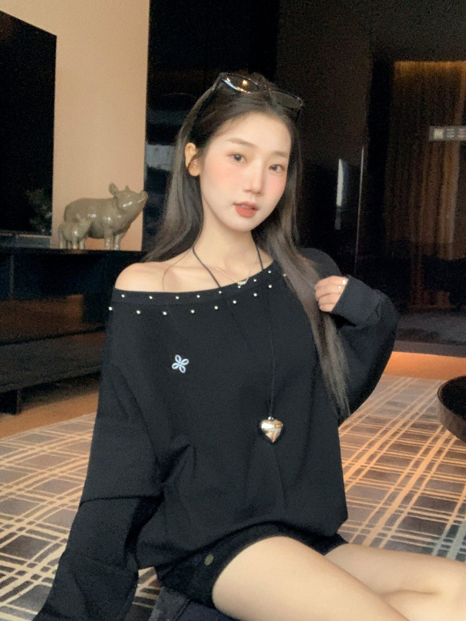 Black Asymmetrical Shoulder Sweatshirt for Women 2026