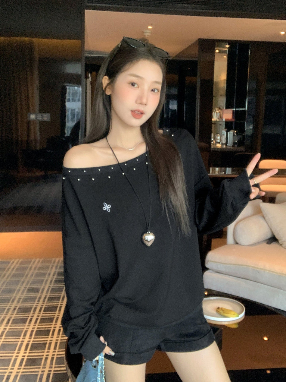 Black Asymmetrical Shoulder Sweatshirt for Women 2026