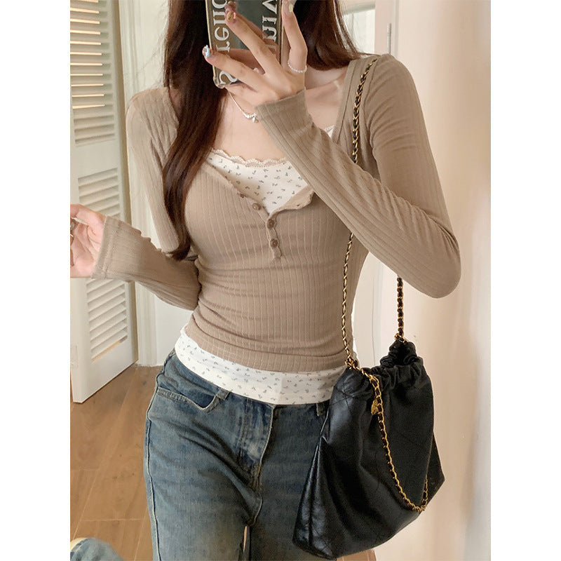 Milk Brown Lace Floral Fake Two-Piece Top for Women