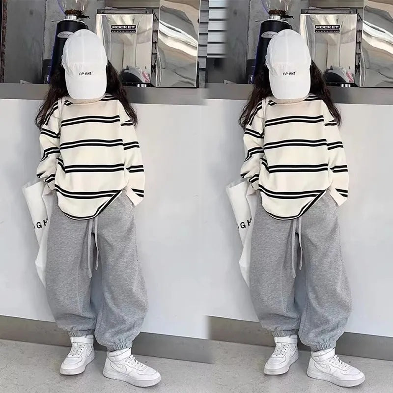 Girls’ Autumn 2024 Korean-Style Striped Two-Piece Set – Spring Autumn Kids Fashion Nepal | Tudoholic