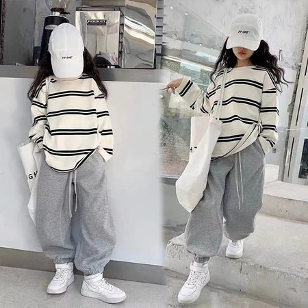 Girls’ Autumn 2024 Korean-Style Striped Two-Piece Set – Spring Autumn Kids Fashion Nepal | Tudoholic
