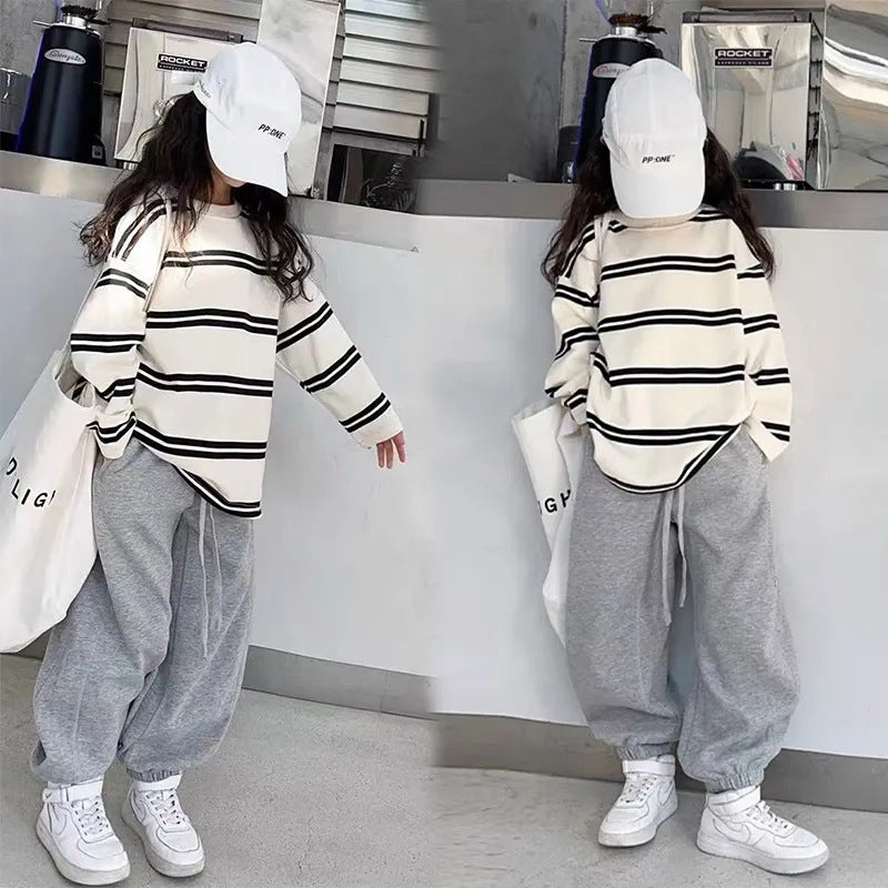 Girls’ Autumn 2024 Korean-Style Striped Two-Piece Set – Spring Autumn Kids Fashion Nepal | Tudoholic