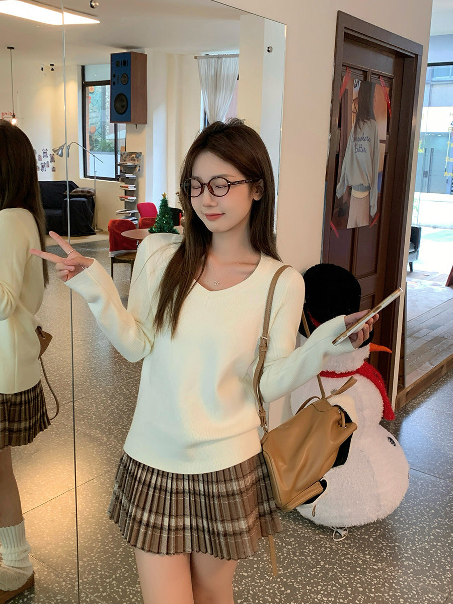 V-Neck Fleece Knit Sweater for Women 2026 Winter