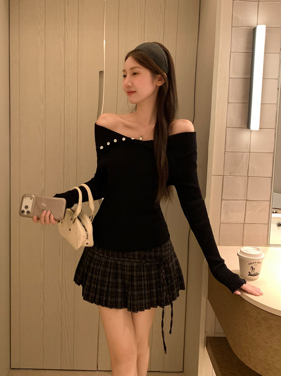 Korean Black One-Shoulder Knit Top for Women 2026
