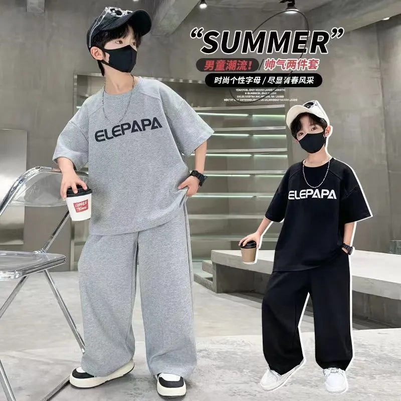 Boys Summer Suit 2025 New Medium and Large Kidsren's Summer Style Boys Korean Style Casual Kidsren's Clothing Two-Piece Su...
