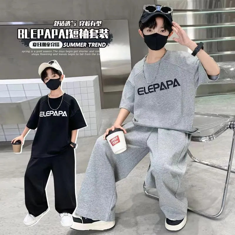 Boys Summer Suit 2025 New Medium and Large Kidsren's Summer Style Boys Korean Style Casual Kidsren's Clothing Two-Piece Su...