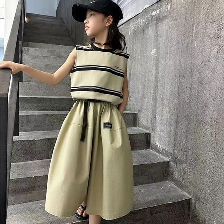 Girls’ Summer 2024 Striped Culottes Two-Piece Set – Summer Kids Fashion Nepal | Tudoholic