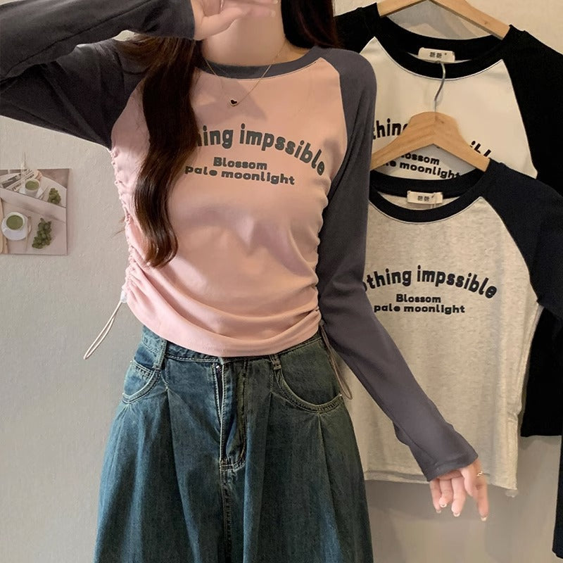 Raglan Letter Print Slim Waist Top for Women 2026