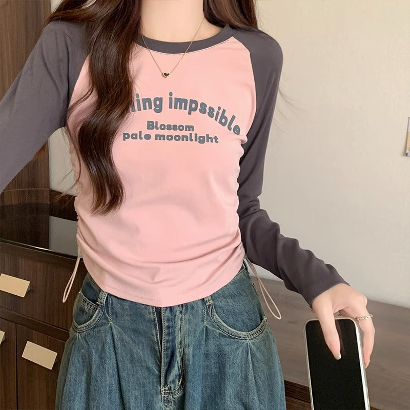 Raglan Letter Print Slim Waist Top for Women 2026