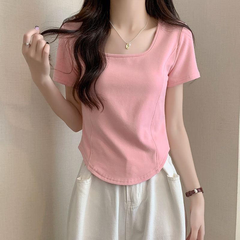 Square Collar Slim Short Sleeve Top for Women 2025