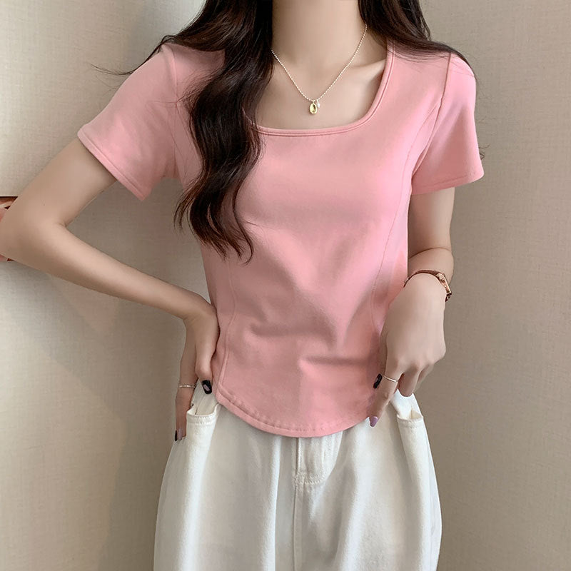 Square Collar Slim Short Sleeve Top for Women 2025