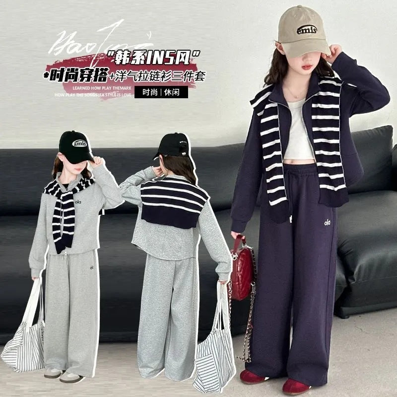 Girls’ Autumn 2025 Striped Shawl Jacket Two-Piece Set – Spring Autumn Kids Fashion Nepal | Tudoholic