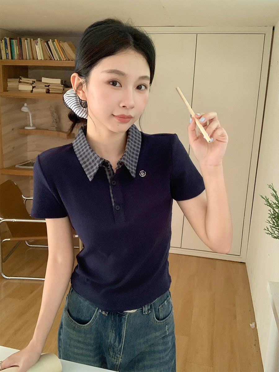 Plaid Polo Collar Slim T-Shirt for Women 2026 Summer