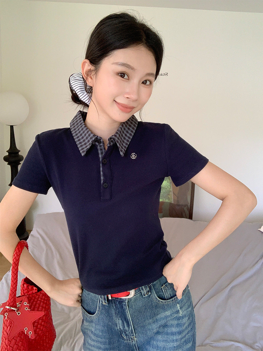 Plaid Polo Collar Slim T-Shirt for Women 2026 Summer