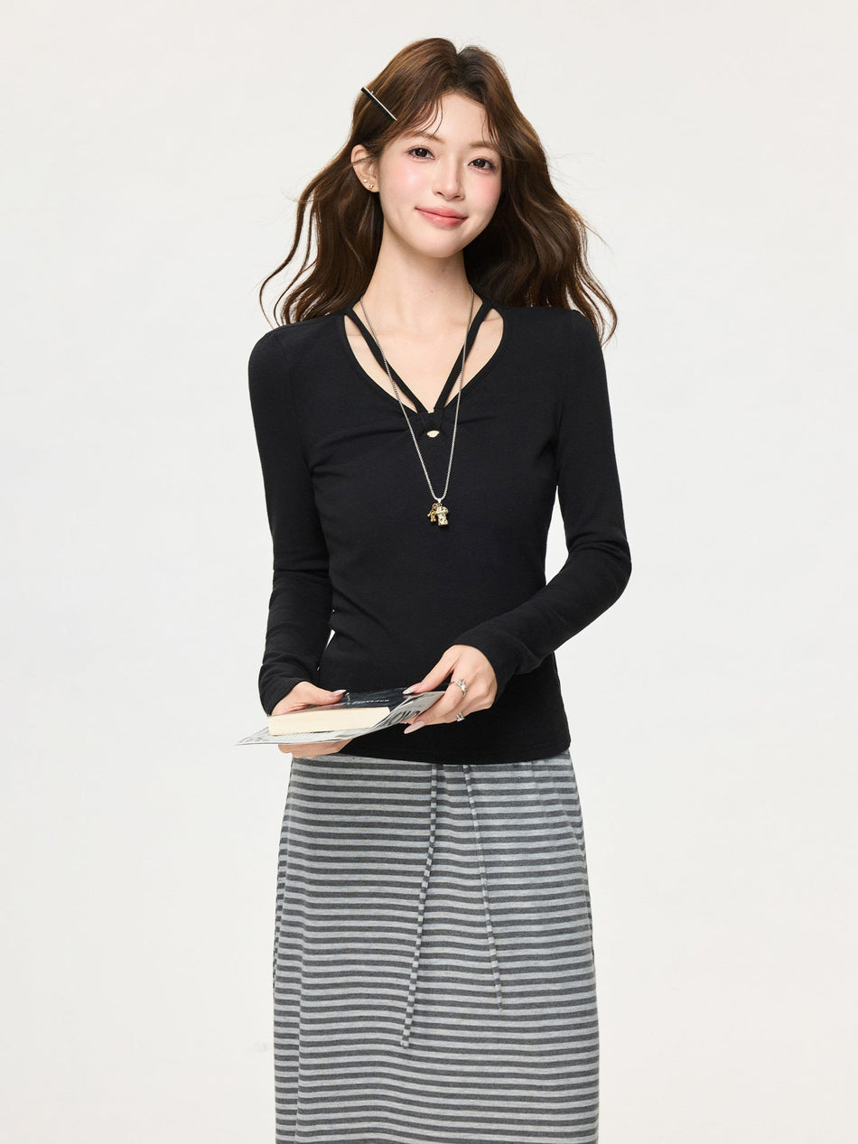 Black V-Neck Halter Long Sleeve Top for Women 2026