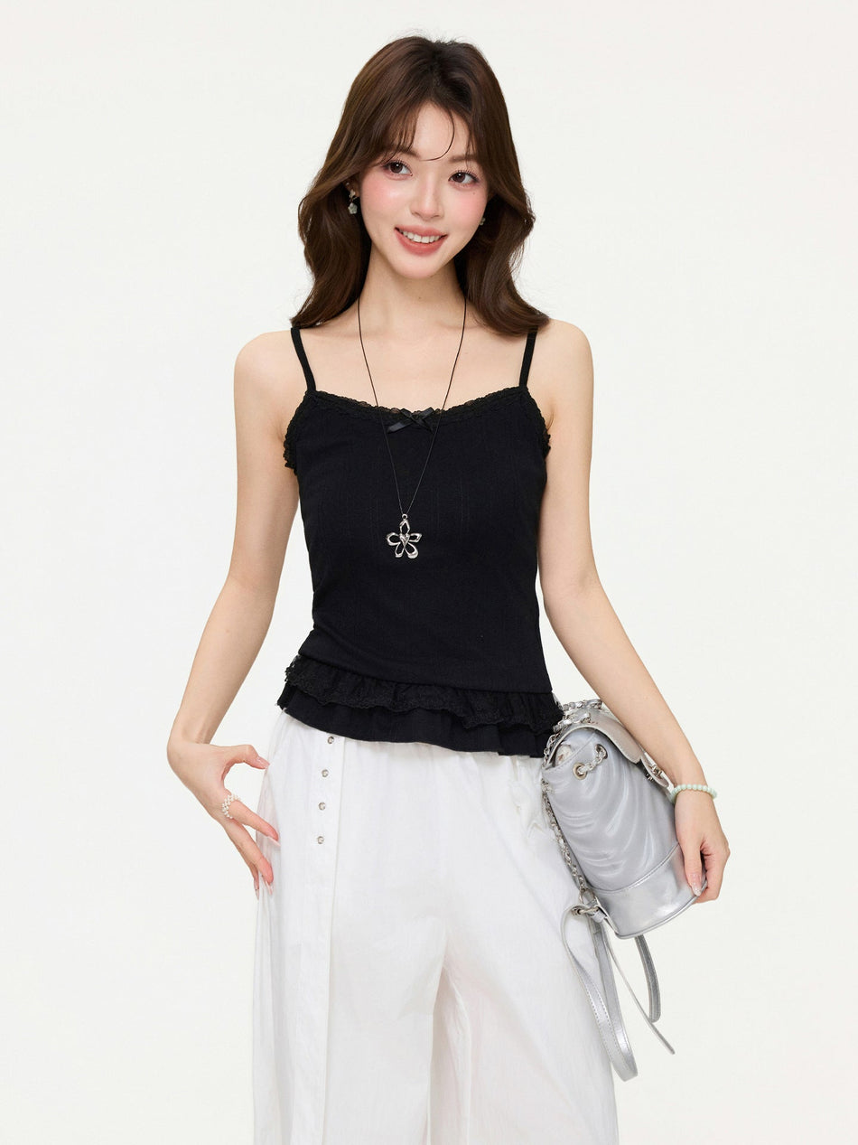 Bow Lace Hem Camisole Slim Top for Women 2026 Summer