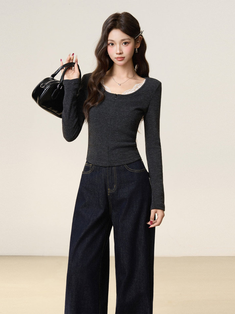 Gray Lace V-Neck Fleece Top for Women 2026 Winter