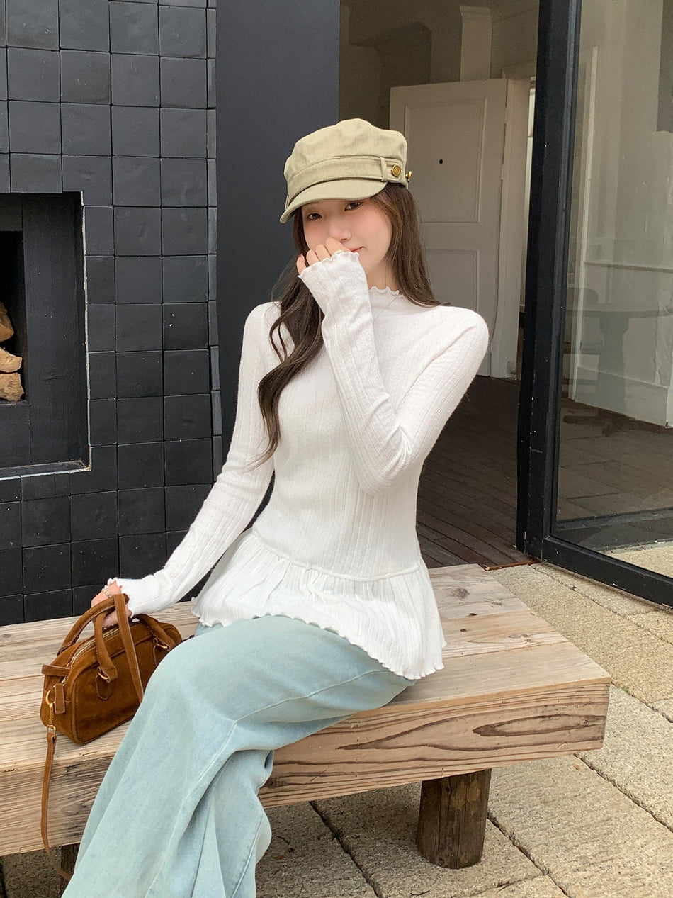 Ruffled Half-High Collar Knit Top for Women 2026