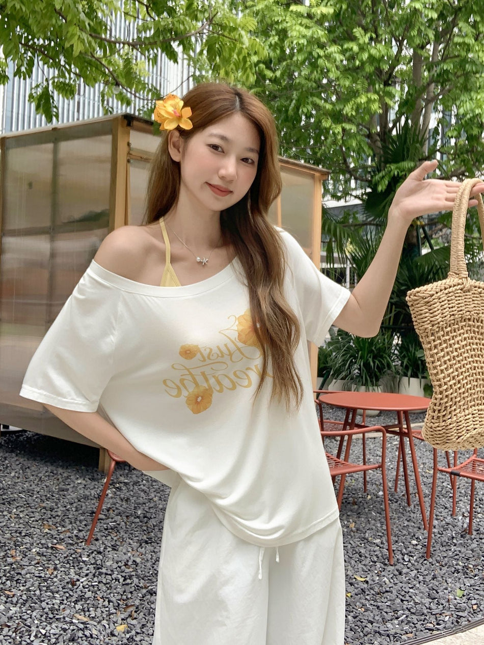 Floral Off-Shoulder Print T-Shirt for Women 2026 Summer